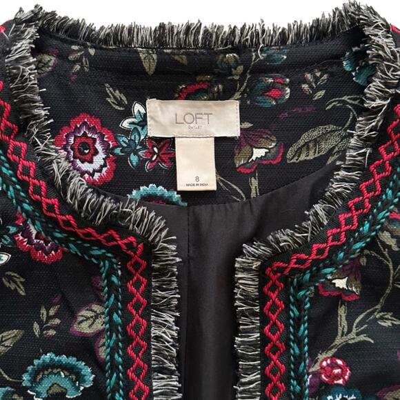 Loft Outlet Black Floral Fringe Embroidered 3/4 Sleeve Open Front Blazer Size 8 - Picture 2 of 12